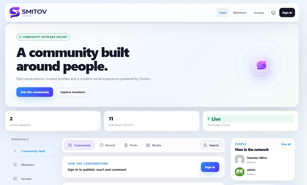 SMitov Social logged-out community homepage
